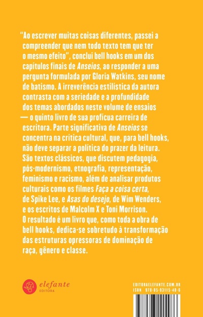 Contracapa de livro com texto em branco sobre fundo laranja e logo da editora elefante.