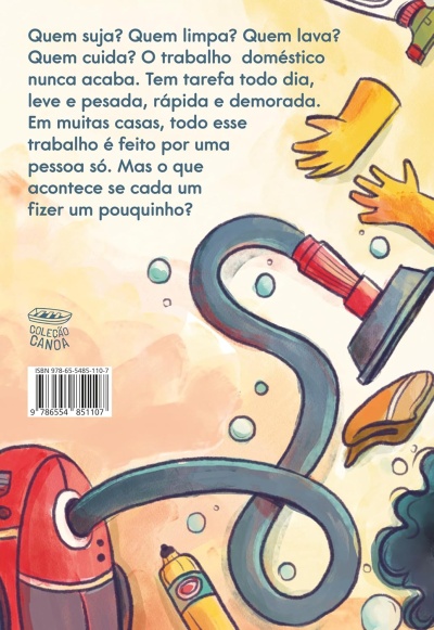 Parte de trás de livro com texto em português e ilustrações de aspirador, luvas e produtos de limpeza.