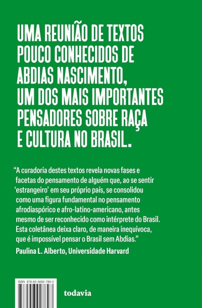 Livro verde com texto branco sobre Abdias Nascimento e código de barras