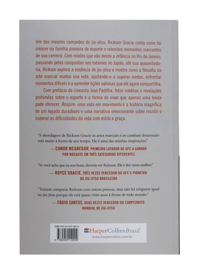 Contracapa de livro cinzenta com texto em português sobre Rickson Gracie e artes marciais.