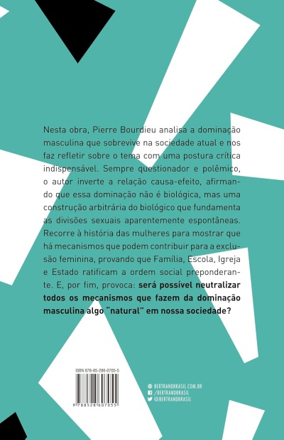 Capa traseira do livro em azul turquesa com texto e formas geométricas brancas e pretas.