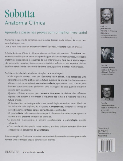 Contracapa do livro Sobotta Anatomia Clínica com texto, fotos de professores e código de barras