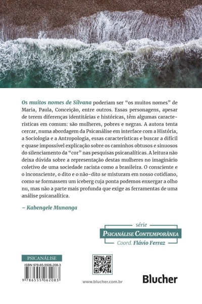 Contracapa de livro com texto em português, código de barras, QR code e logotipo Blucher
