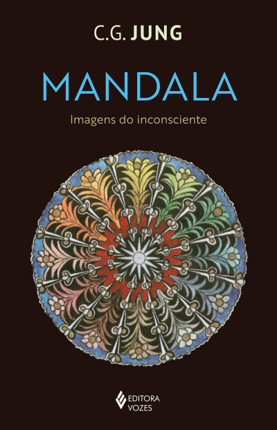 Capa de livro preta com mandala colorida e texto sobre ela