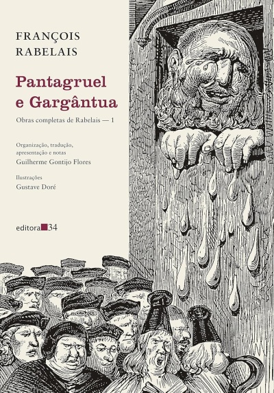 Capa de livro Pantagruel e Gargântua com ilustração de uma cabeça grande a chorar e várias pessoas em baixo.