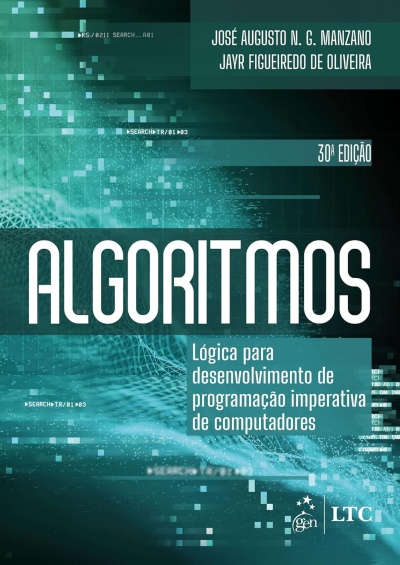 Capa de livro ALGORITMOS com design digital em tons verdes e texto branco e azul