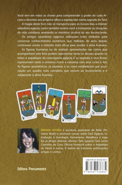 Capa traseira de livro com cartas de tarô egípcio coloridas, texto em português, foto da autora e código de barras