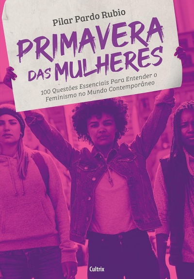 Capa do livro Primavera das Mulheres com título em roxo e três mulheres no fundo.