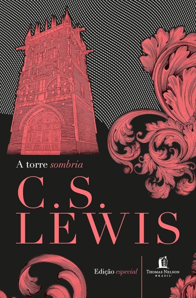 Capa de livro A torre sombria de C.S. Lewis com torre vermelha e decoração ornamental
