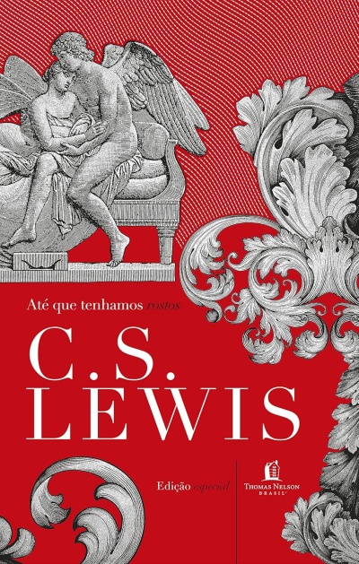 Capa vermelha de livro com ilustrações de anjos e decoração barroca e texto em branco