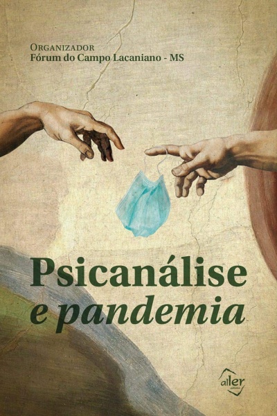 Capa de livro com mãos segurando máscara cirúrgica azul e títulos em verde.