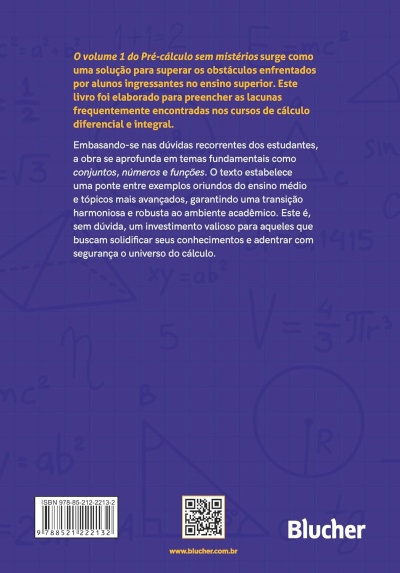 Contracapa azul de livro com texto amarelo e branco, fórmulas, código QR, código de barras e logo Blucher