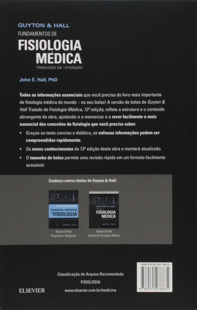 Contracapa do livro Fundamentos de Fisiologia Médica com texto descritivo e imagens de outros livros