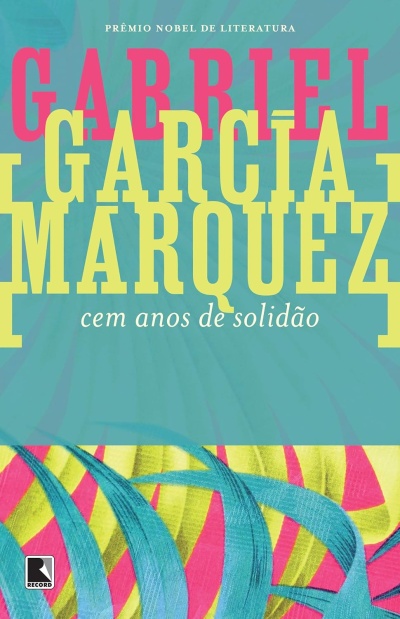 Capa do livro Cem anos de solidão de Gabriel Garcia Marquez com fundo azul e padrão colorido na parte inferior