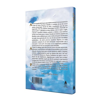 Verso do livro Auto da Compadecida azul e branco com texto e código de barras
