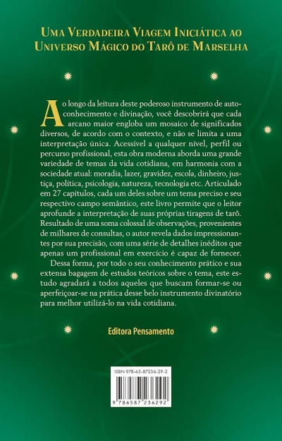 Contracapa do livro com texto em verde, dourado e branco sobre Tarô de Marselha e código ISBN