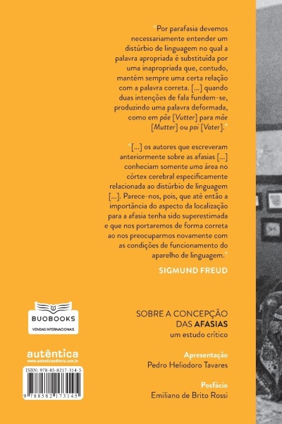 Parte traseira de livro sobre afasias com texto em português e design laranja