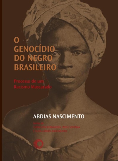 Capa de livro O GENOCÍDIO DO NEGRO BRASILEIRO com imagem antiga a sépia de mulher com lenço na cabeça