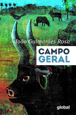 Capa do livro Campo Geral com boi preto e galos no campo