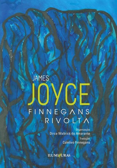Capa do livro Finnegans Rivolta de James Joyce em fundo azul com letras amarelas e brancas.