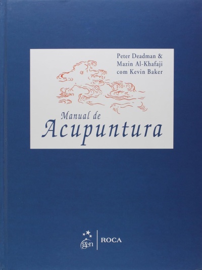Capa azul de livro com texto sobre Acupuntura em etiqueta branca
