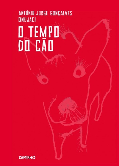 Capa de livro vermelha com desenho abstrato de cão e texto em branco.