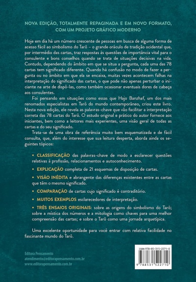 Contracapa de livro azul-esverdeada com texto em branco e amarelo sobre Tarô e ISBN
