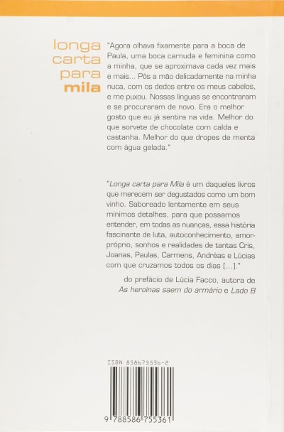 Parte traseira do livro Longa carta para Mila com texto em português e código de barras