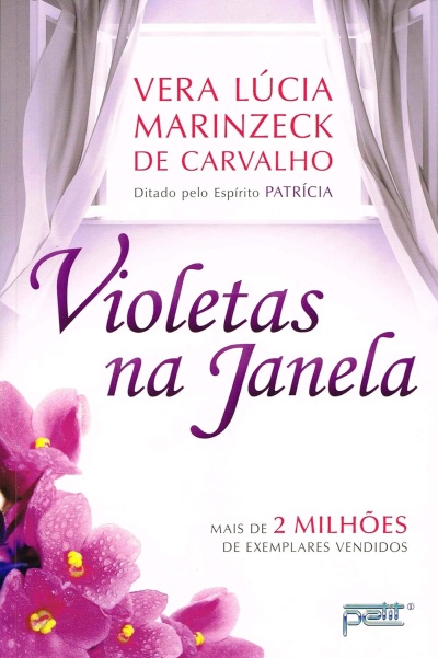 Capa de livro com título Viole tas na Janela e flores violetas