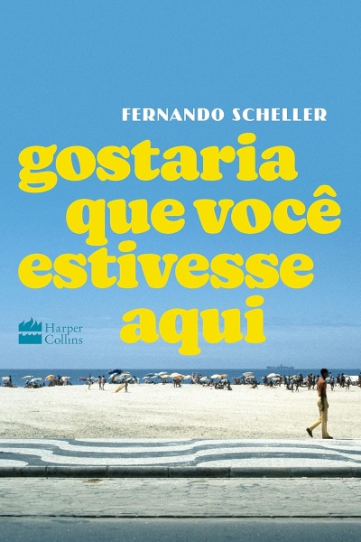 Capa de livro azul com título amarelo e imagem de praia e pessoas.