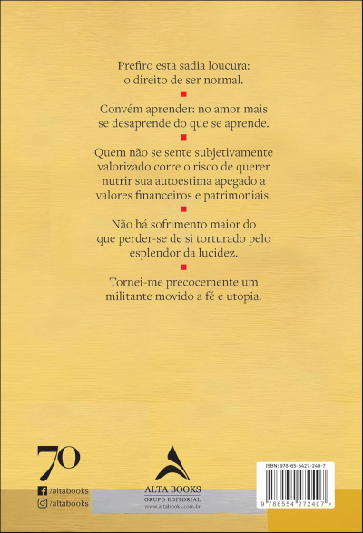Capa traseira de livro amarelo com texto em português e logótipo da editora