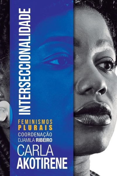 Capa de livro azul com texto branco e amarelo e rosto em preto e branco de mulher negra