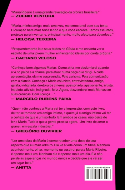 Parte traseira de um livro com citações em português e código ISBN num fundo rosa.