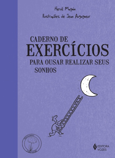 Capa de livro roxa com texto e ilustração de pessoa subindo escada em direção a uma lua.