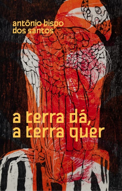 Capa de livro com ilustração colorida estilizada de papagaio e texto em amarelo