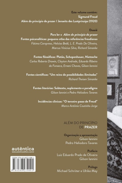 Contracapa de livro com texto sobre Sigmund Freud e princípio de prazer em fundo castanho.