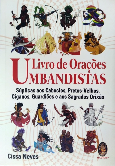 Capa de livro Livro de Orações UMBANDISTAS com ilustrações de figuras humanas e texto em português.