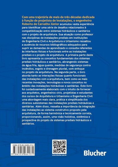 Contra-capa azul de livro com texto, código de barras, QR code e logótipo Blucher