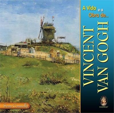 Capa de livro com pintura de moinho de vento e texto sobre Vincent Van Gogh