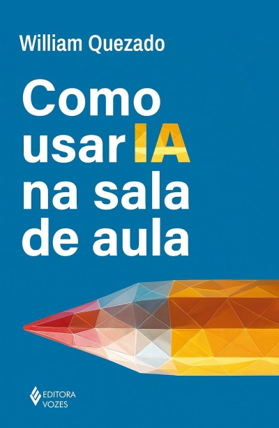 Capa de livro azul com lápis estilizado e título sobre IA na sala de aula.