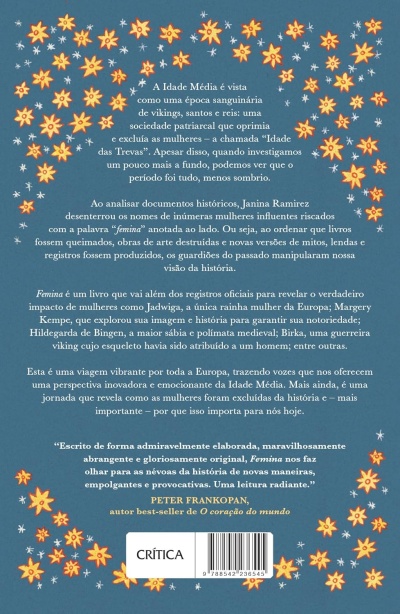 Capa traseira de livro com texto e estrelas amarelas e laranja sobre fundo azul