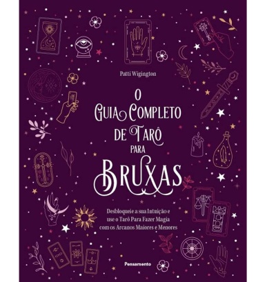 Capa de livro do guia completo de tarô para bruxas em roxo com ilustrações místicas.