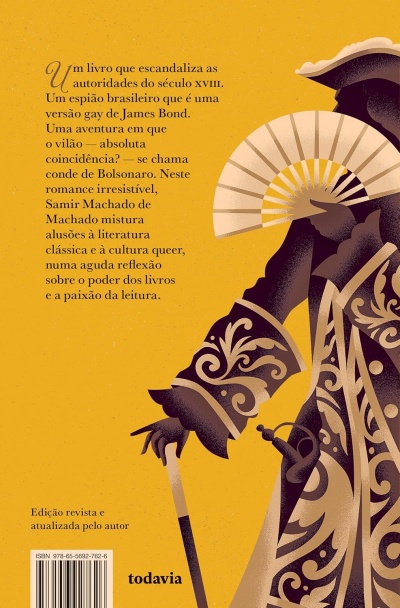 Contra-capa de livro com texto em português e ilustração de figura vestida com casaco decorado, chapéu, leque e bengala