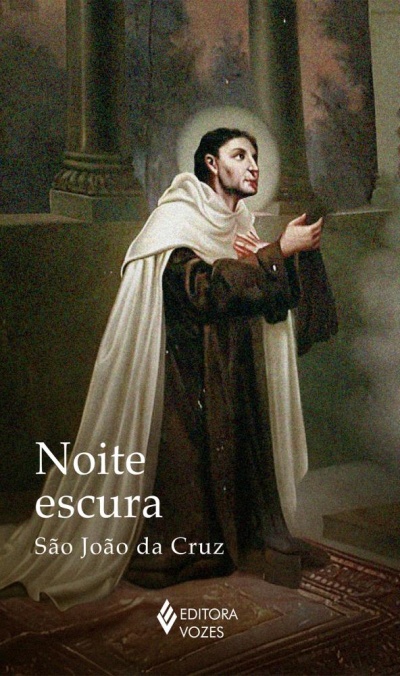 Capa de livro com homem de hábito monástico castanho e manto branco, texto Noite escura São João da Cruz