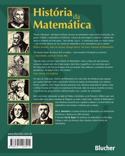 Contracapa do livro História da Matemática com imagens de matemáticos históricos e texto descritivo.