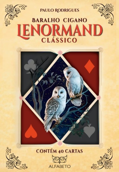 Embalagem do baralho cigano Lenormand Clássico com ilustração de corujas e símbolos de naipes