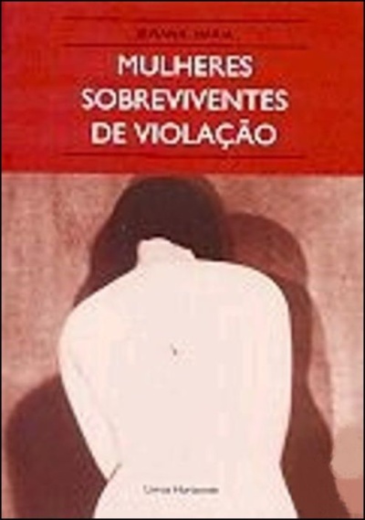 Capa de livro vermelha e bege com título MULHERES SOBREVIVENTES DE VIOLAÇÃO e silhueta de mulher de costas