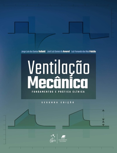 Capa de livro azul e verde com texto técnico sobre ventilação mecânica