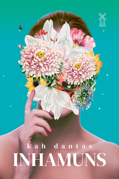 Capa de livro com rosto feminino coberto por flores coloridas e texto