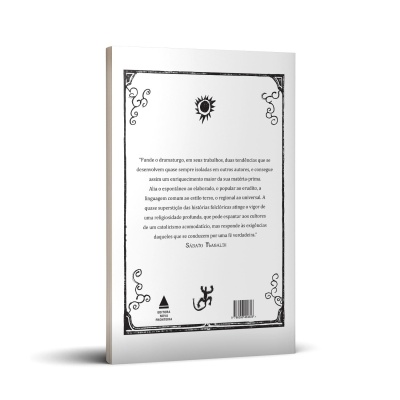 Livro com capa branca decorada com desenhos e texto em português